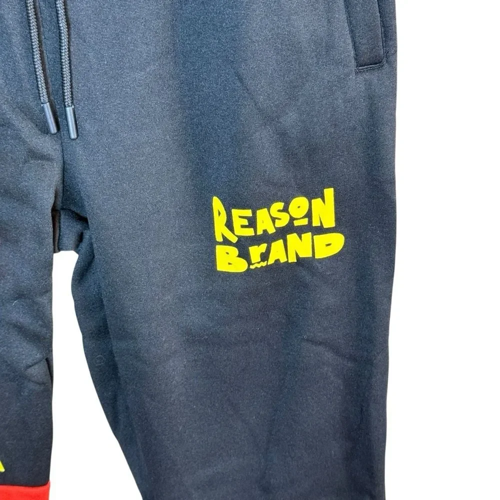 Reason Brand Men's Black Fleece Joggers Geometric Red & Yellow Graphics- Large